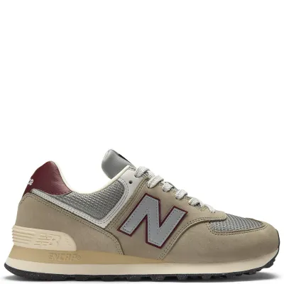 New Balance 574 in Arid Stone with Monarch Burgundy accents side profile view.