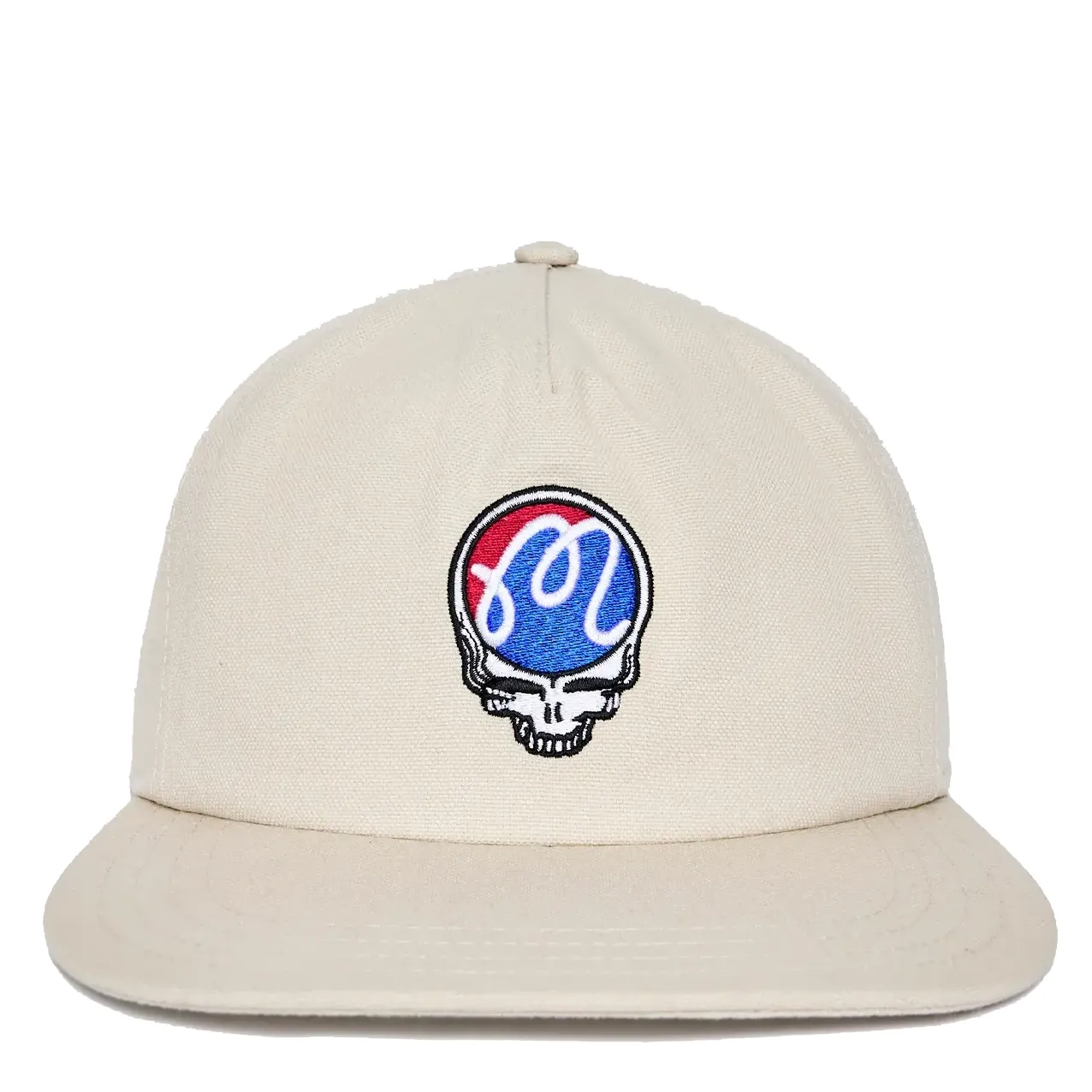 Malbon Golf Grateful Dead Stealie Snapback Hat in Rainy Day with embroidered Steal Your Face logo front view.