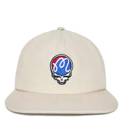 Malbon Golf Grateful Dead Stealie Snapback Hat in Rainy Day with embroidered Steal Your Face logo front view.