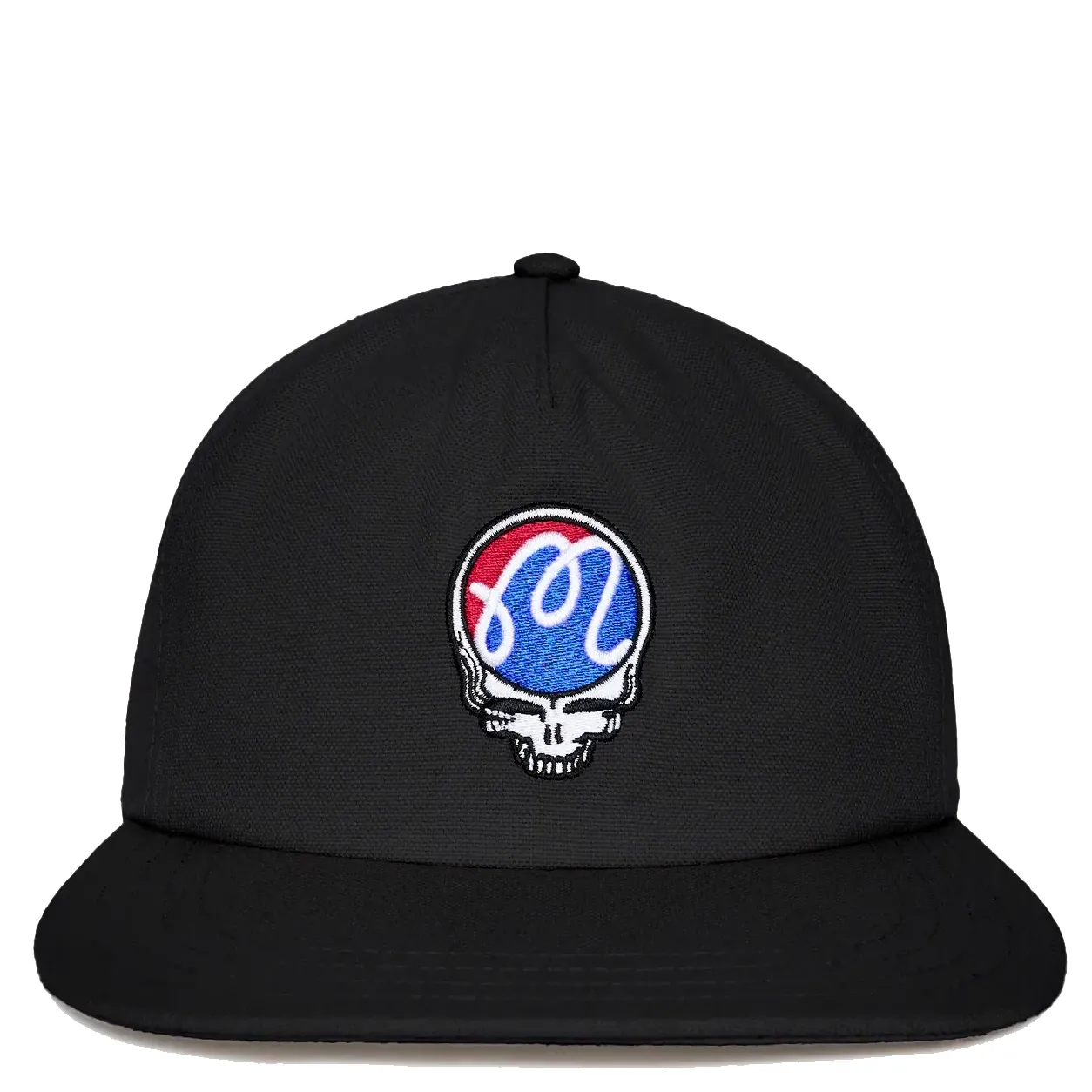 albon Golf Grateful Dead Stealie Snapback Hat in Black with embroidered Steal Your Face logo front view.