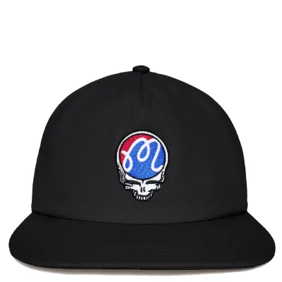 albon Golf Grateful Dead Stealie Snapback Hat in Black with embroidered Steal Your Face logo front view.