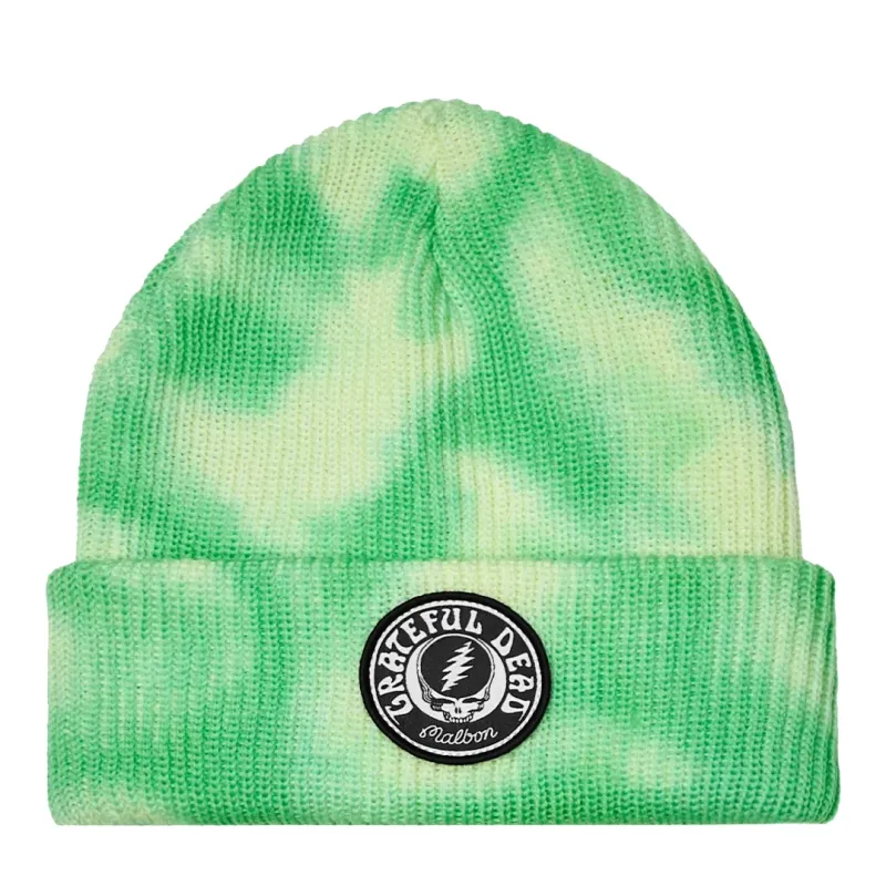 Malbon Golf Grateful Dead Stealie Beanie in green tie dye with embroidered Steal Your Face patch front view.