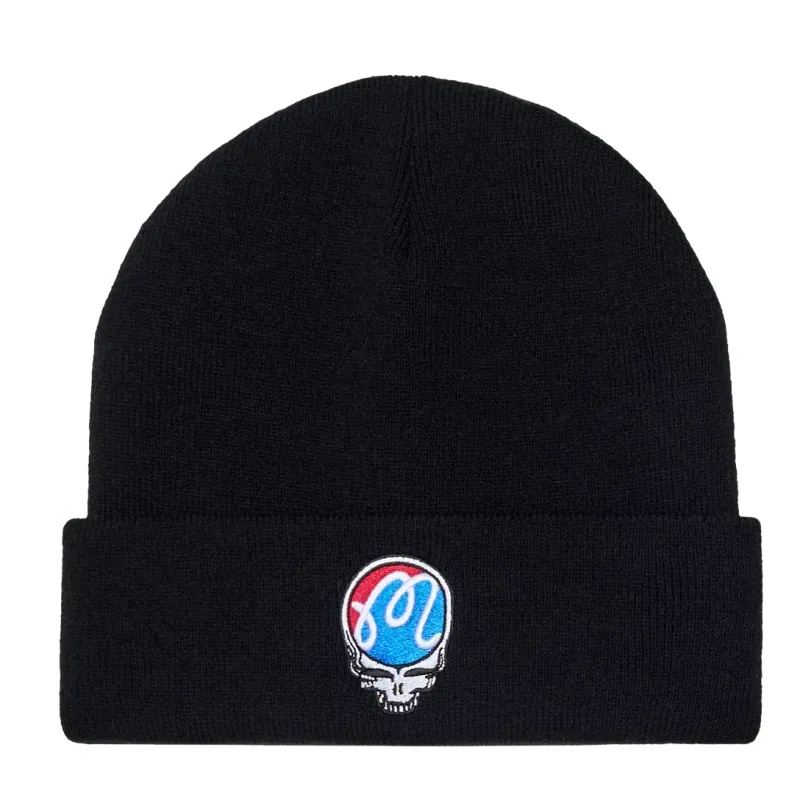 Malbon Golf Grateful Dead Icon Beanie in black with embroidered Stealie logo front view.