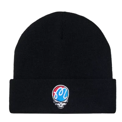 Malbon Golf Grateful Dead Icon Beanie in black with embroidered Stealie logo front view.