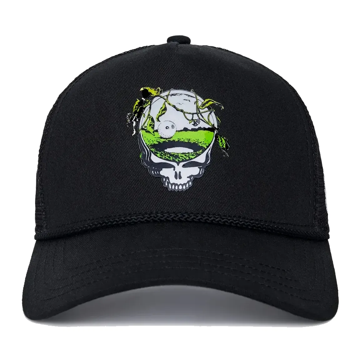 Malbon Golf Grateful Dead Trucker Hat in black featuring 3D gel Steal Your Face golf graphic front view.