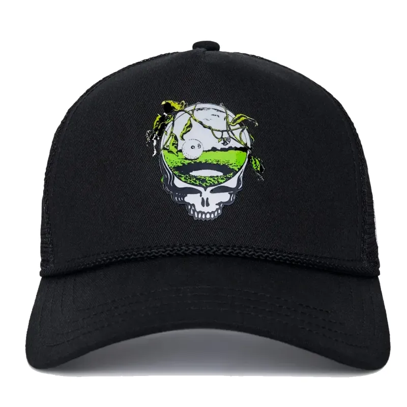 Malbon Golf Grateful Dead Trucker Hat in black featuring 3D gel Steal Your Face golf graphic front view.