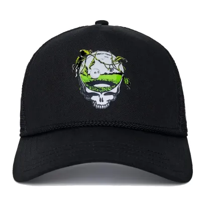 Malbon Golf Grateful Dead Trucker Hat in black featuring 3D gel Steal Your Face golf graphic front view.