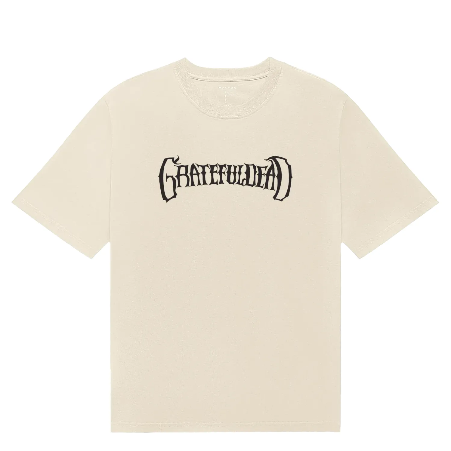 Malbon Golf Grateful Dead Bermuda Tee in Rainy Day with black Gothic Grateful Dead text front graphic.