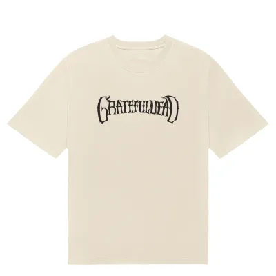 Malbon Golf Grateful Dead Bermuda Tee in Rainy Day with black Gothic Grateful Dead text front graphic.