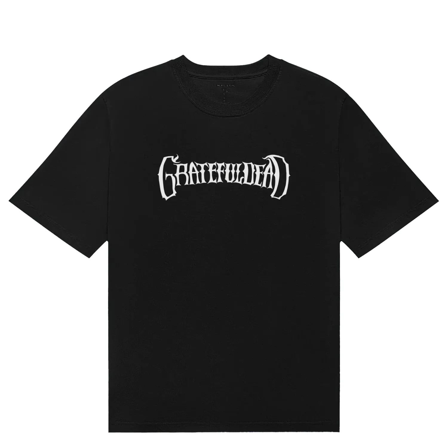 Malbon Golf Grateful Dead Bermuda Tee in Black with white Gothic Grateful Dead text front graphic.