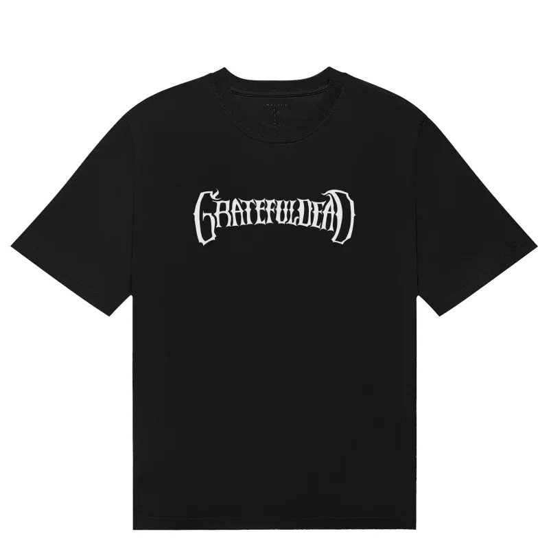 Malbon Golf Grateful Dead Bermuda Tee in Black with white Gothic Grateful Dead text front graphic.