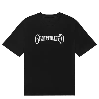 Malbon Golf Grateful Dead Bermuda Tee in Black with white Gothic Grateful Dead text front graphic.