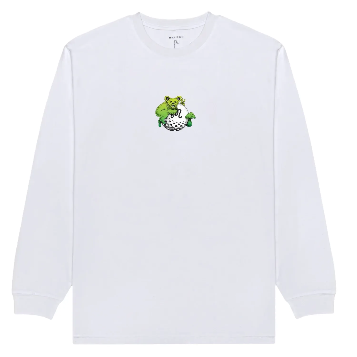 White Malbon Golf Grateful Dead long sleeve tee featuring small green gorse artwork graphic on front.
