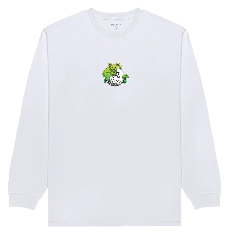 White Malbon Golf Grateful Dead long sleeve tee featuring small green gorse artwork graphic on front.