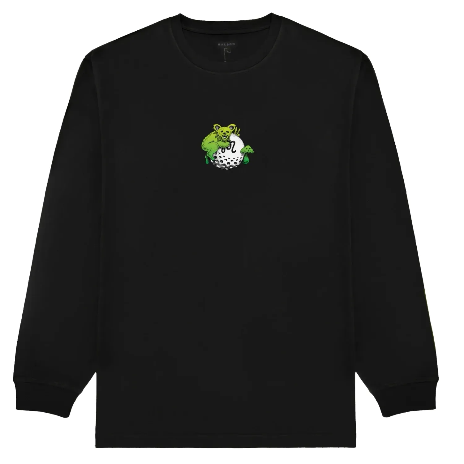 Black Malbon Golf Grateful Dead long sleeve tee featuring small green gorse artwork graphic on front.