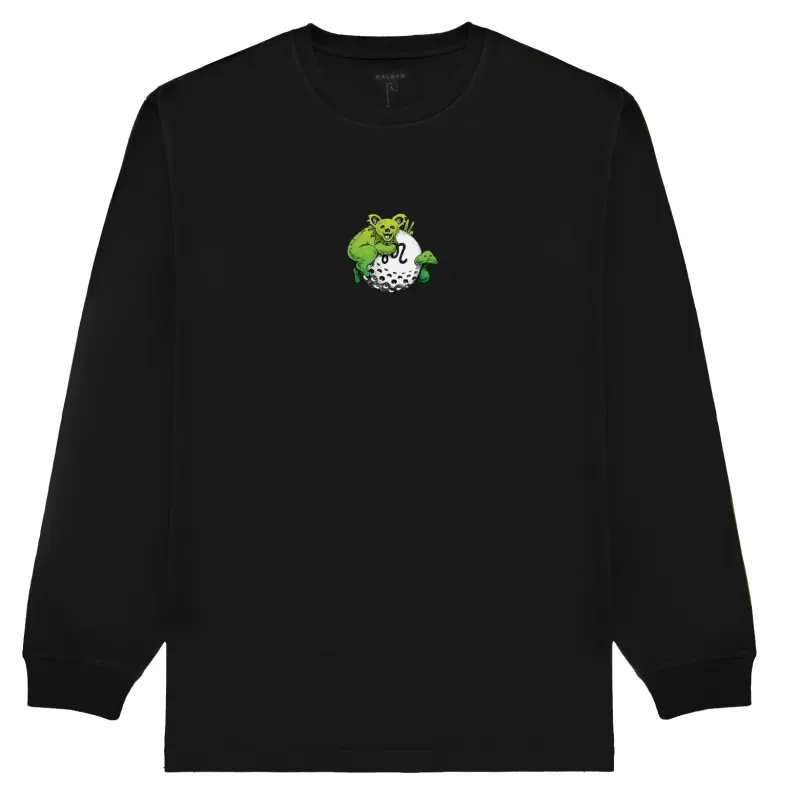 Black Malbon Golf Grateful Dead long sleeve tee featuring small green gorse artwork graphic on front.