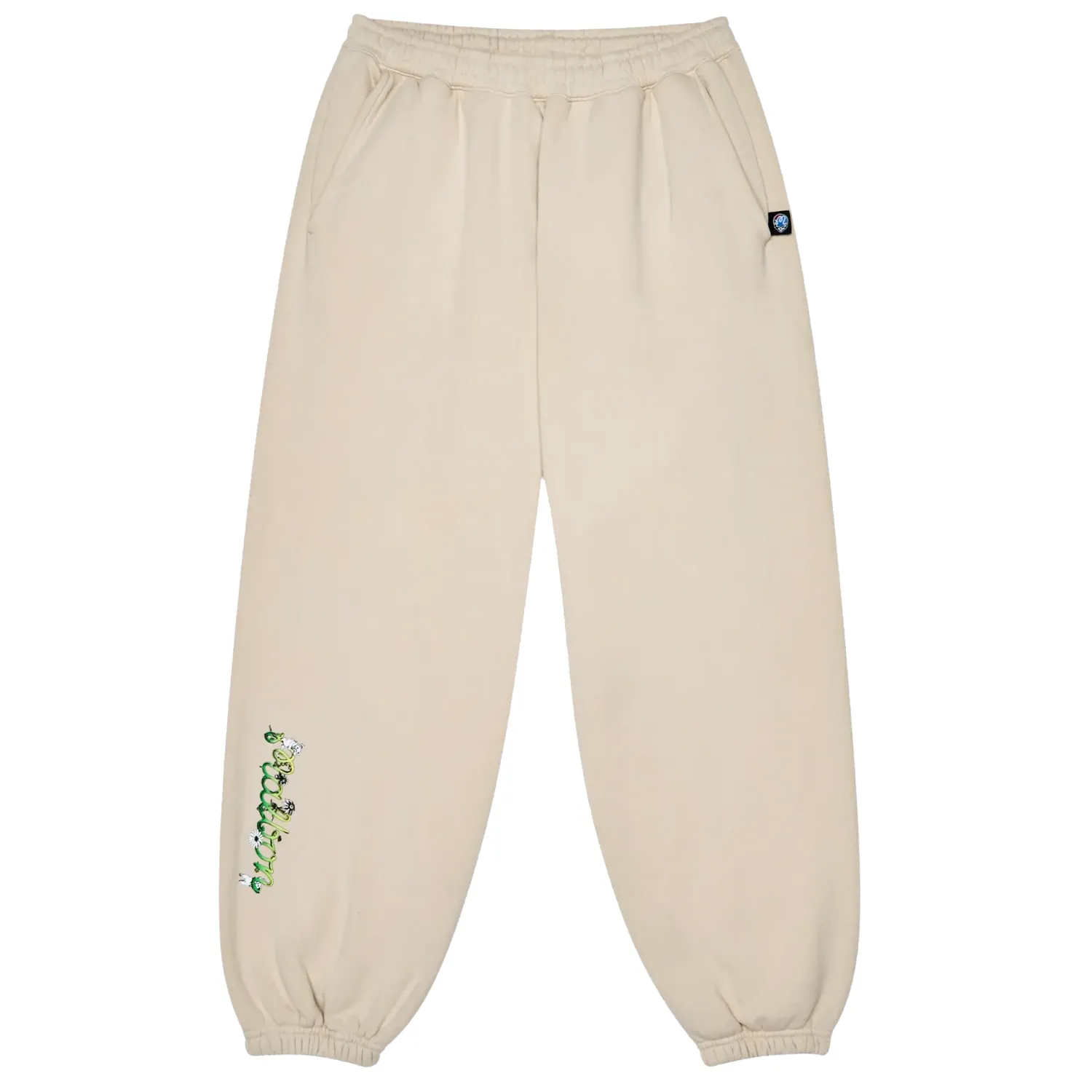 Front view of Malbon Grateful Dead Clubhouse Sweatpants in Rainy Day with green printed artwork on right leg.