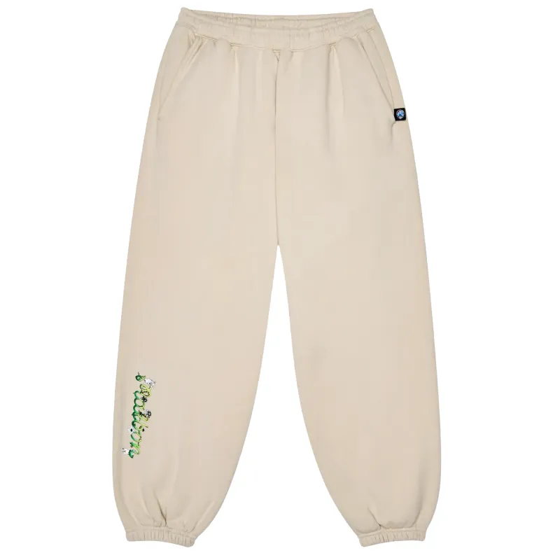 Front view of Malbon Grateful Dead Clubhouse Sweatpants in Rainy Day with green printed artwork on right leg.