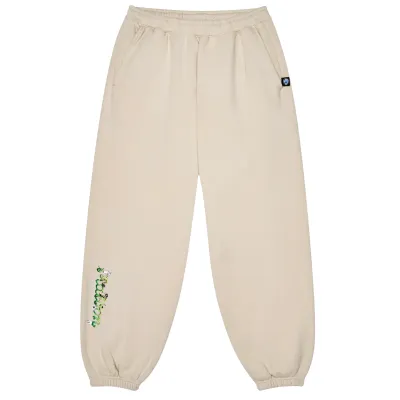 Front view of Malbon Grateful Dead Clubhouse Sweatpants in Rainy Day with green printed artwork on right leg.