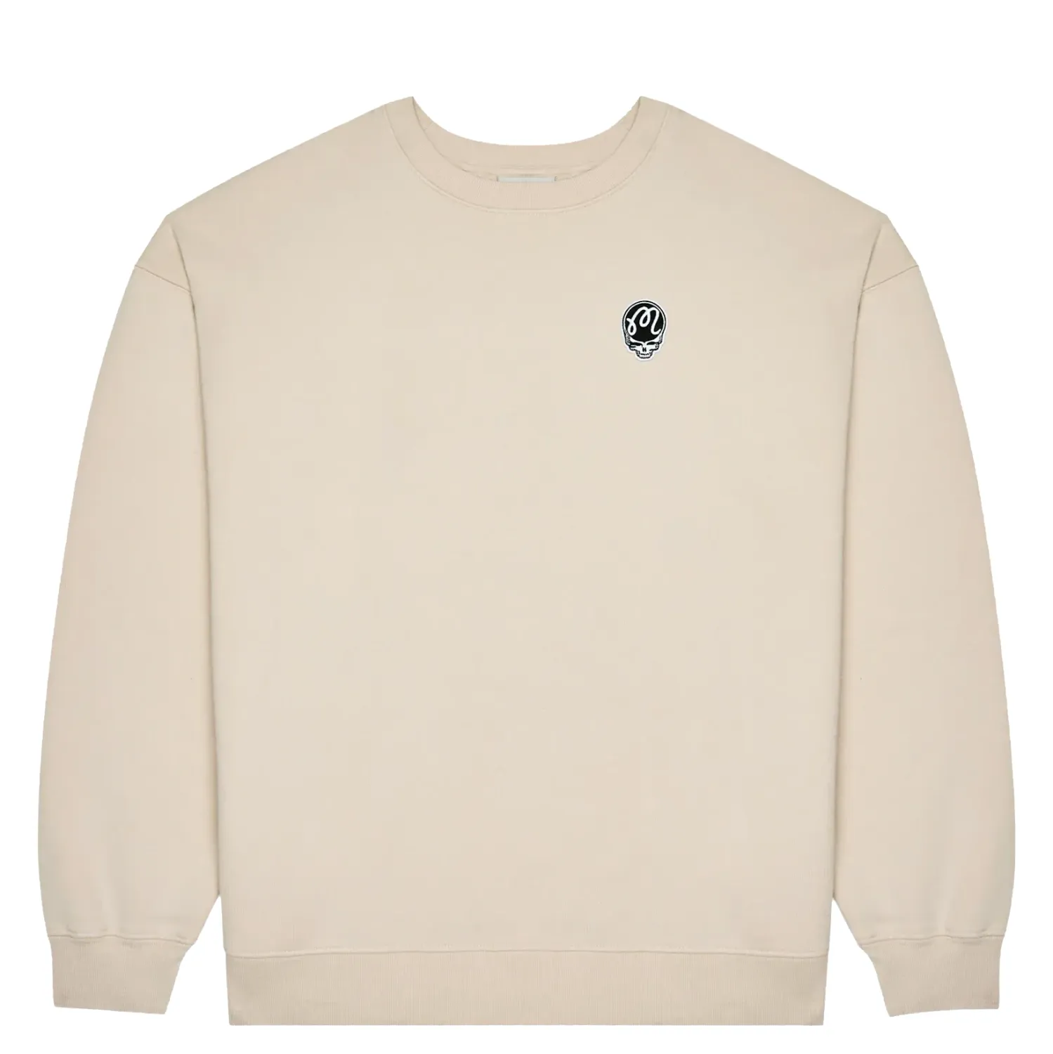 Front view of Malbon Golf Grateful Dead Range Sweatshirt in Rainy Day with small embroidered logo on chest.