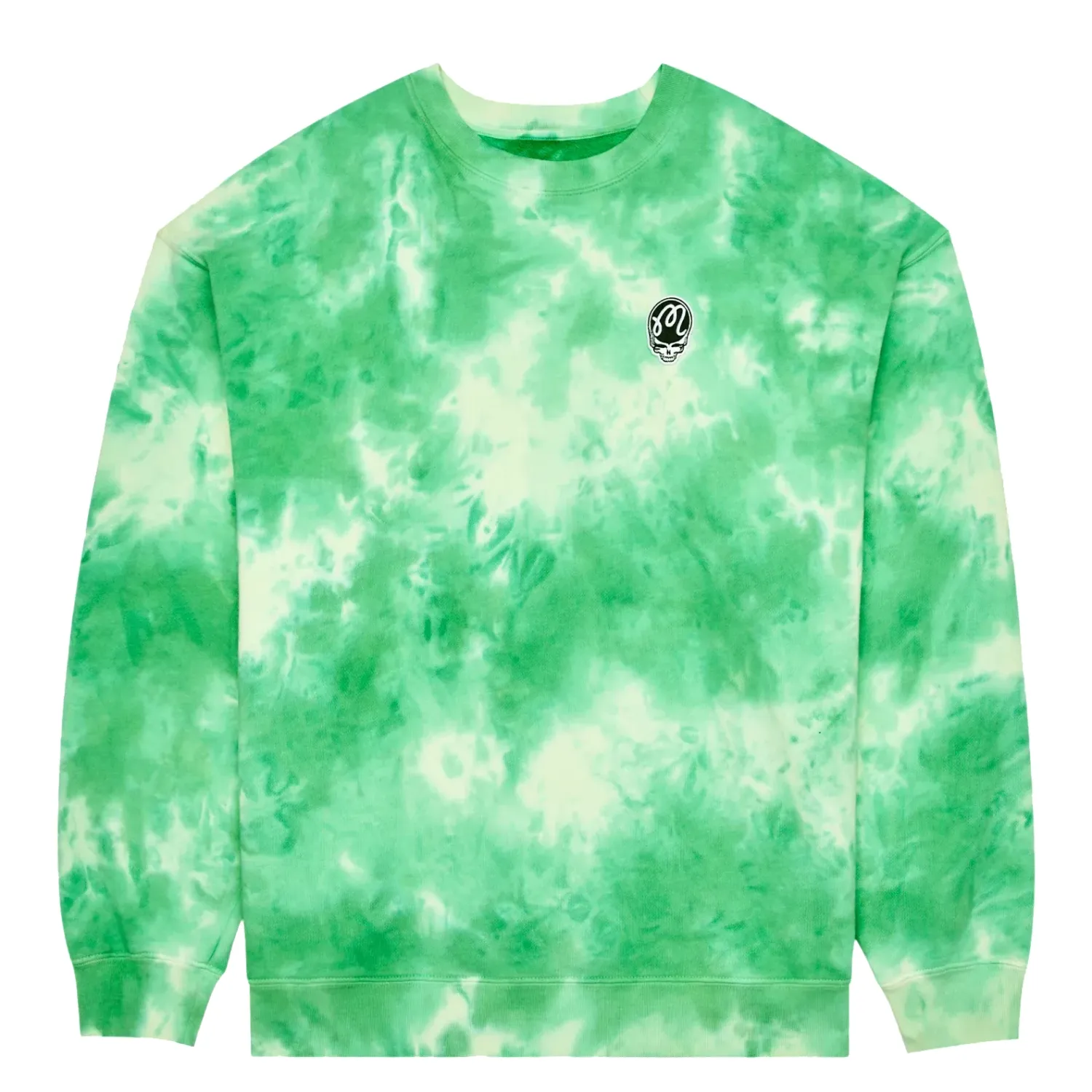 Front view of Malbon Golf Grateful Dead Range Sweatshirt in Green Tie Dye with small embroidered logo on chest.