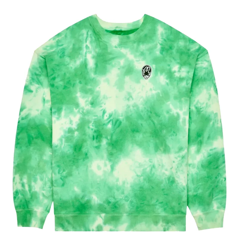Front view of Malbon Golf Grateful Dead Range Sweatshirt in Green Tie Dye with small embroidered logo on chest.