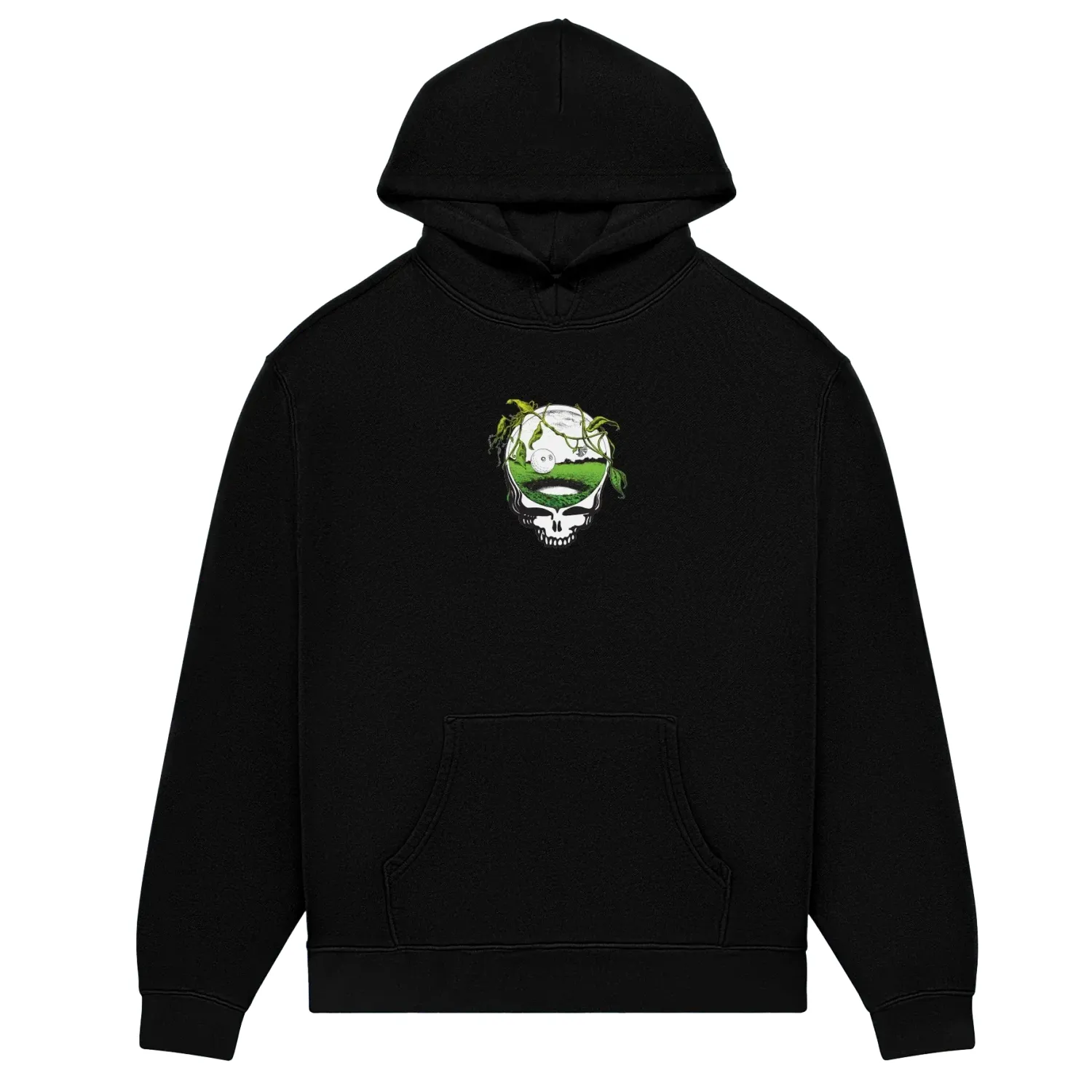 Flat lay front image of the Black Malbon Grateful Dead Fesque Hoodie with printed skull and golf landscape artwork.
