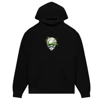 Flat lay front image of the Black Malbon Grateful Dead Fesque Hoodie with printed skull and golf landscape artwork.