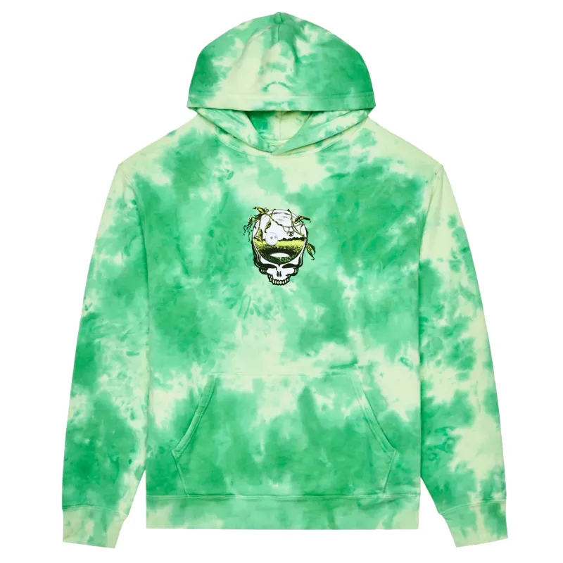 Front flat lay of Malbon Golf Grateful Dead Fesque Hoodie in green tie-dye with printed artwork on chest.