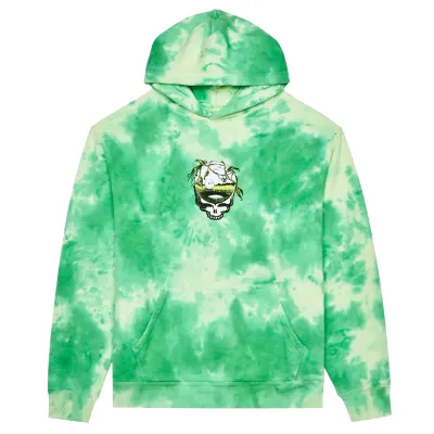 Front flat lay of Malbon Golf Grateful Dead Fesque Hoodie in green tie-dye with printed artwork on chest.