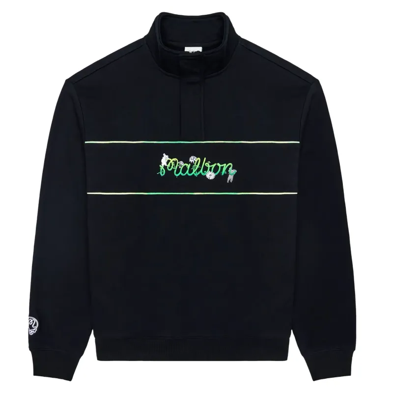 Front view of black Malbon Grateful Dead Collegiate Sweatshirt with Malbon script artwork across chest.