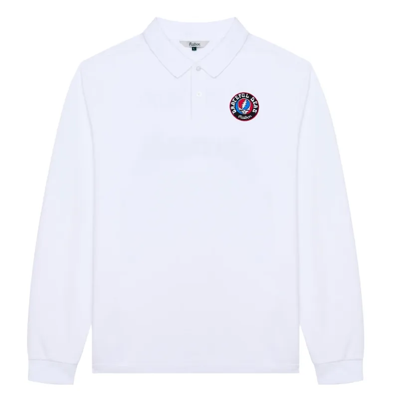 Front flat lay of the Malbon Golf Grateful Dead Stealie long sleeve polo shirt in white featuring Steal Your Face patch 