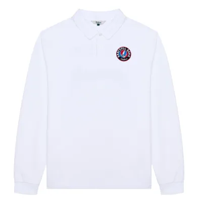 Front flat lay of the Malbon Golf Grateful Dead Stealie long sleeve polo shirt in white featuring Steal Your Face patch 