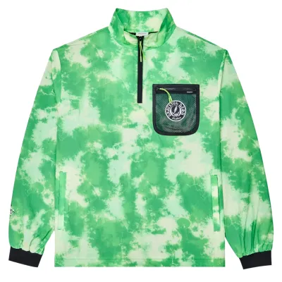 Front view of Malbon Grateful Dead Cascade Windshirt in green tie dye with chest patch pocket.