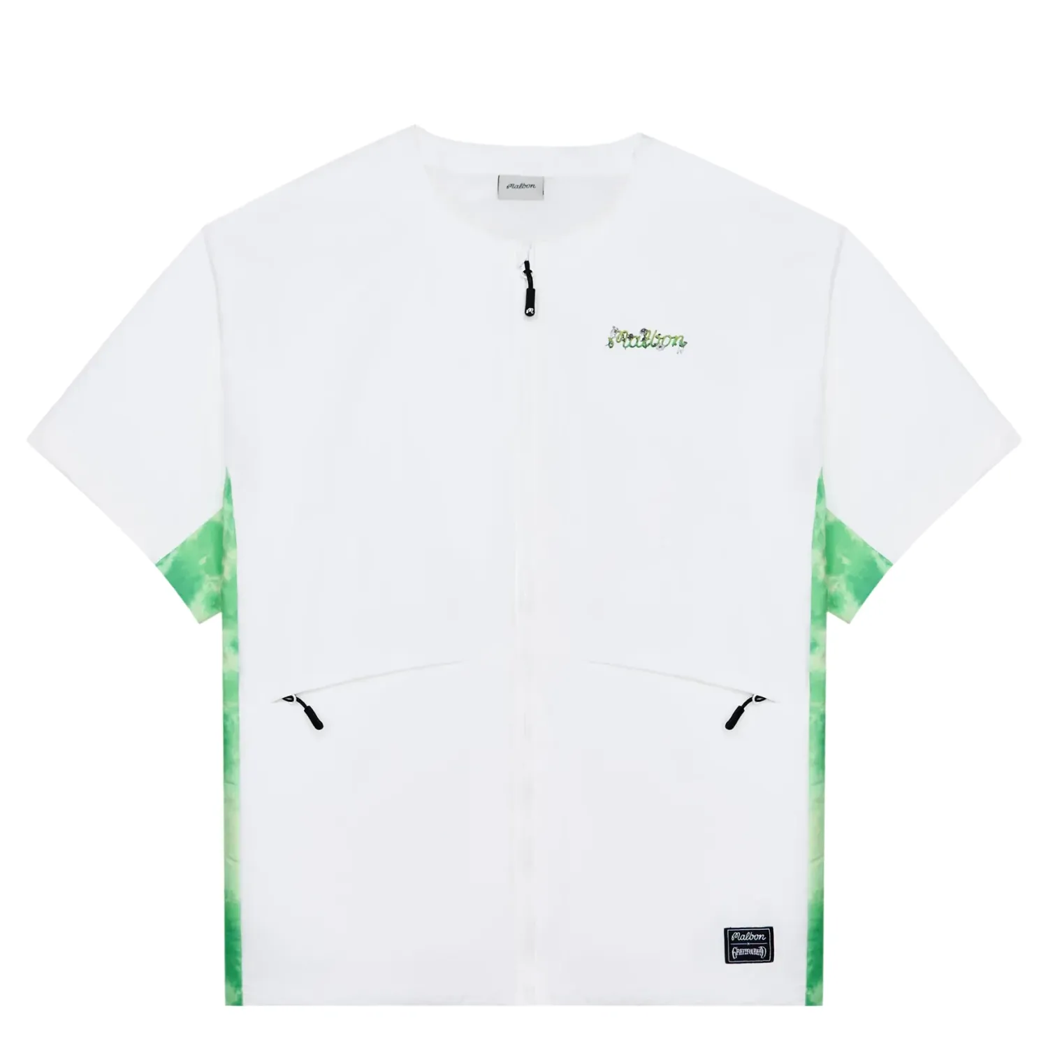 Front view of Malbon Golf Grateful Dead Underwood Windshirt in white with green artwork and zip pockets.