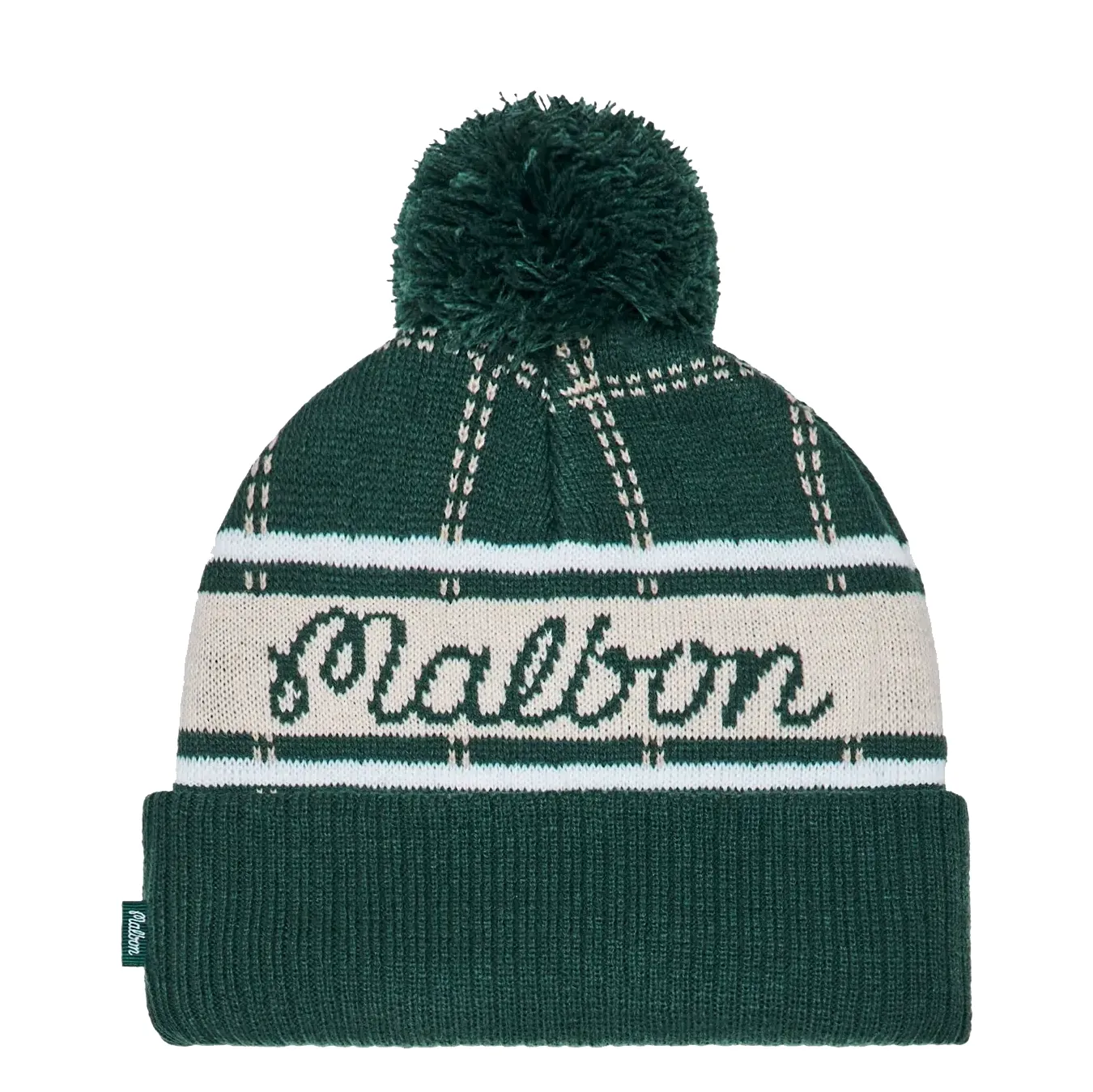 Front view of Malbon Golf Holden Pom Beanie in hunter green with plaid knit and pom top.