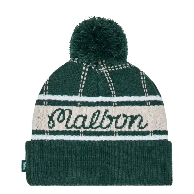 Front view of Malbon Golf Holden Pom Beanie in hunter green with plaid knit and pom top.