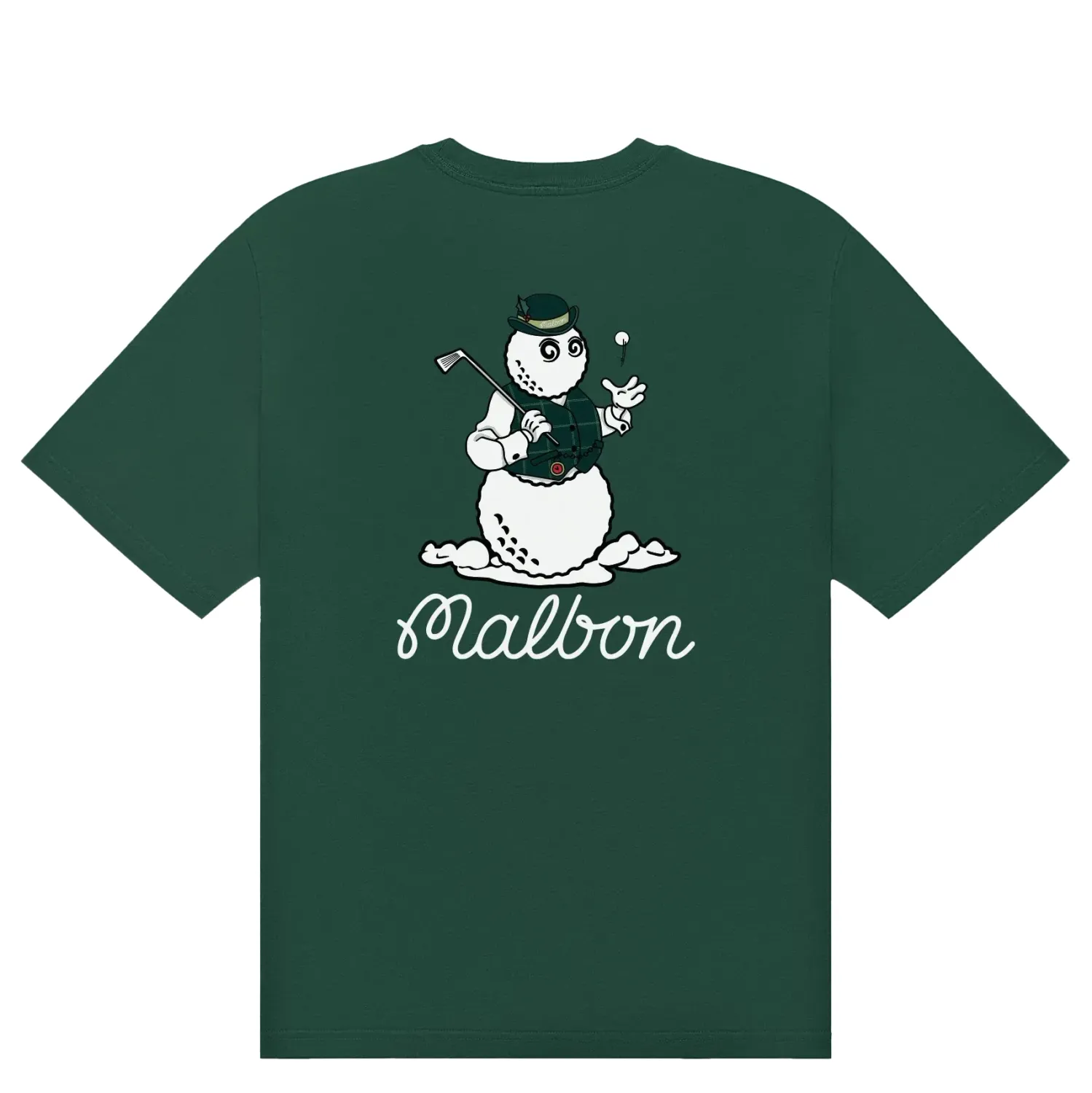 Back view of Malbon Bermuda Brumal Buckets Tee in hunter green featuring snowman Buckets graphic.