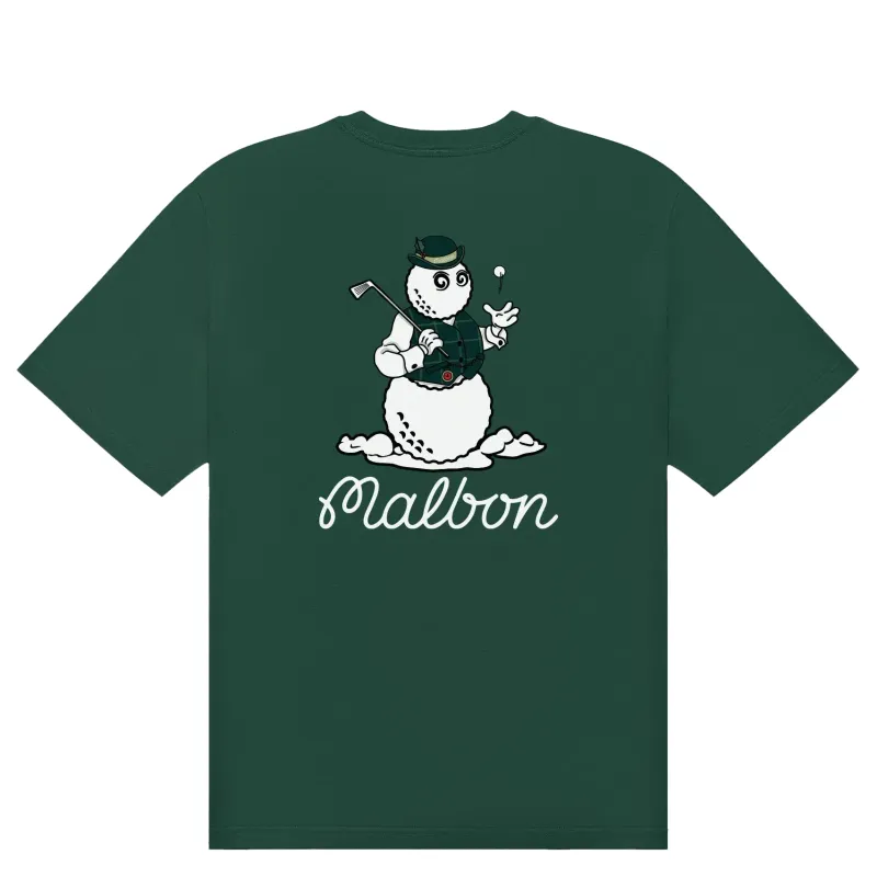 Back view of Malbon Bermuda Brumal Buckets Tee in hunter green featuring snowman Buckets graphic.