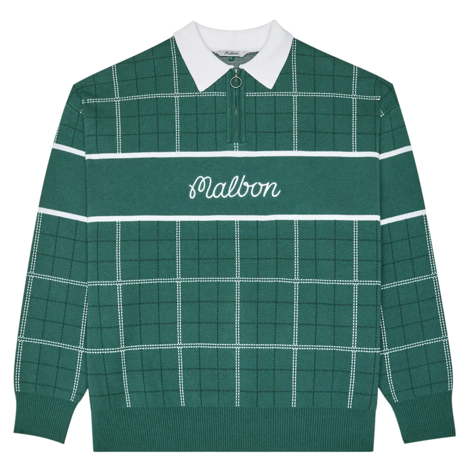 Front flat lay of Malbon Golf Bennett Plaid Sweater in hunter green with white plaid grid and embroidered script.