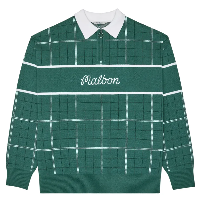 Front flat lay of Malbon Golf Bennett Plaid Sweater in hunter green with white plaid grid and embroidered script.