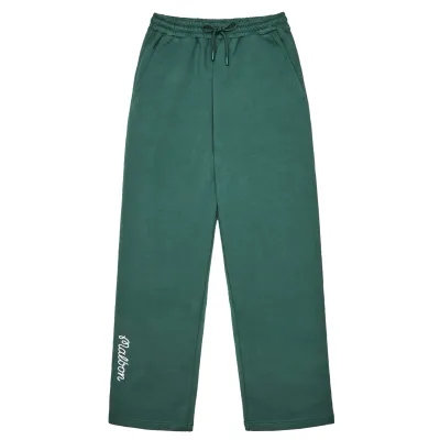 Front view of Malbon Bon Script Sweatpant in Hunter Green with embroidered script logo near the hem.
