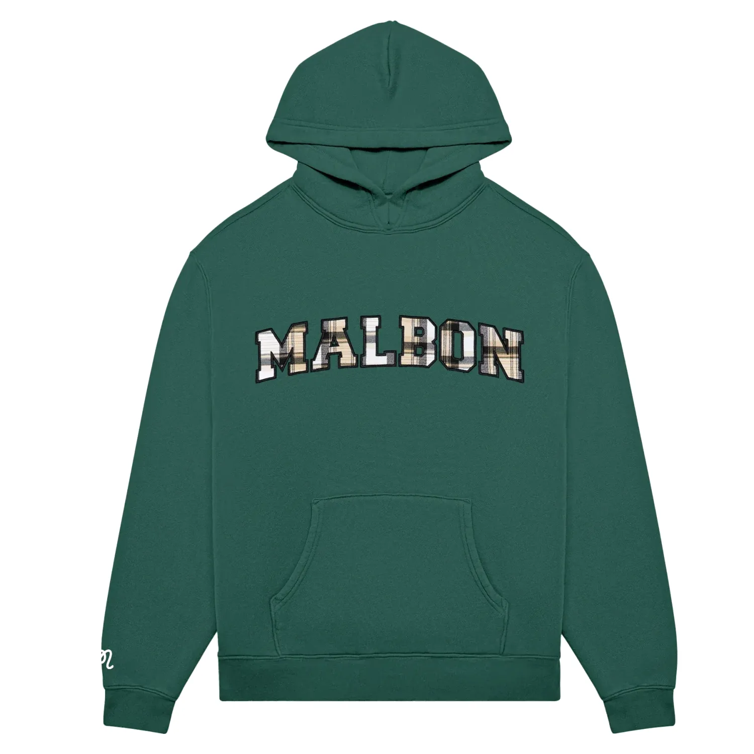 Flat lay front view of Malbon Fesque Preston Hoodie in hunter green with plaid MALBON lettering.