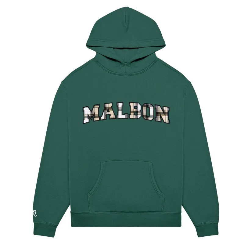 Flat lay front view of Malbon Fesque Preston Hoodie in hunter green with plaid MALBON lettering.