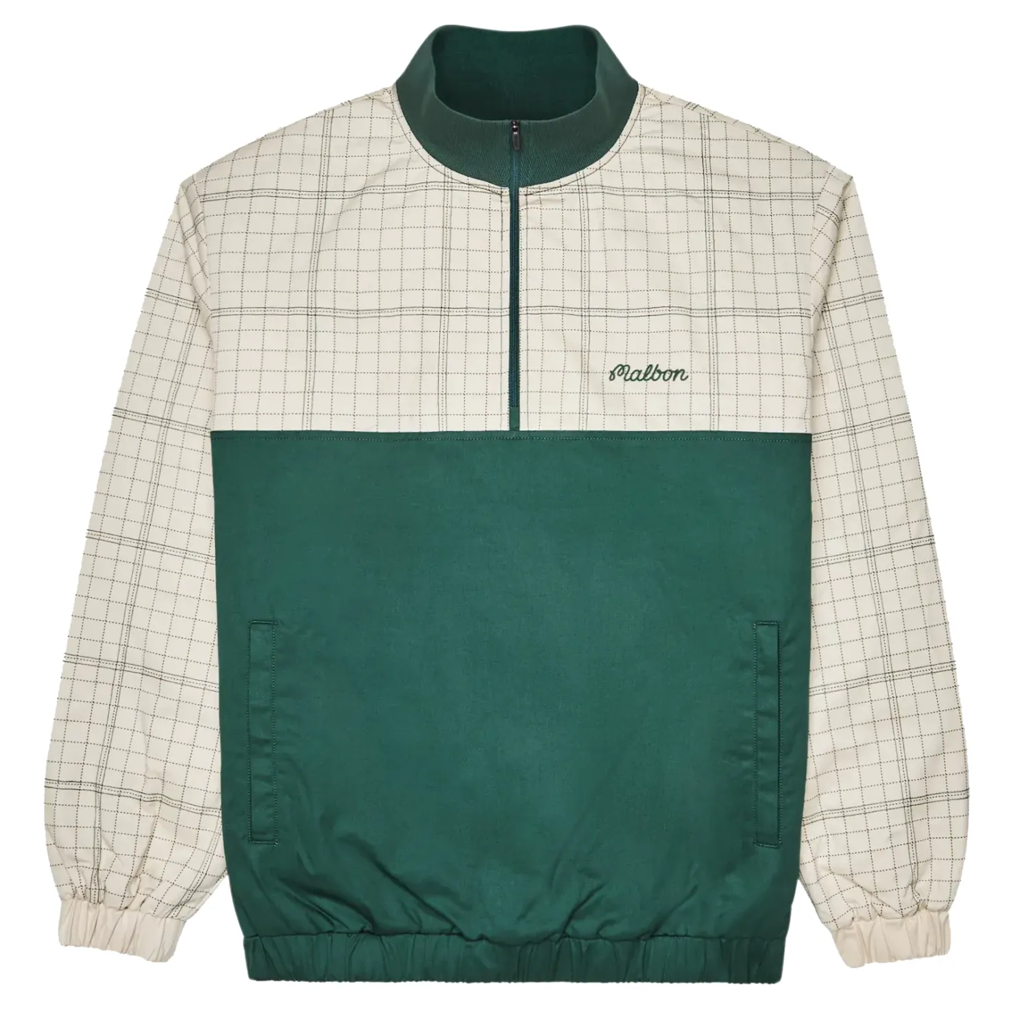 Front flat lay of Malbon Spruce Quarter Zip jacket in hunter green and ivory with plaid pattern and script logo.
