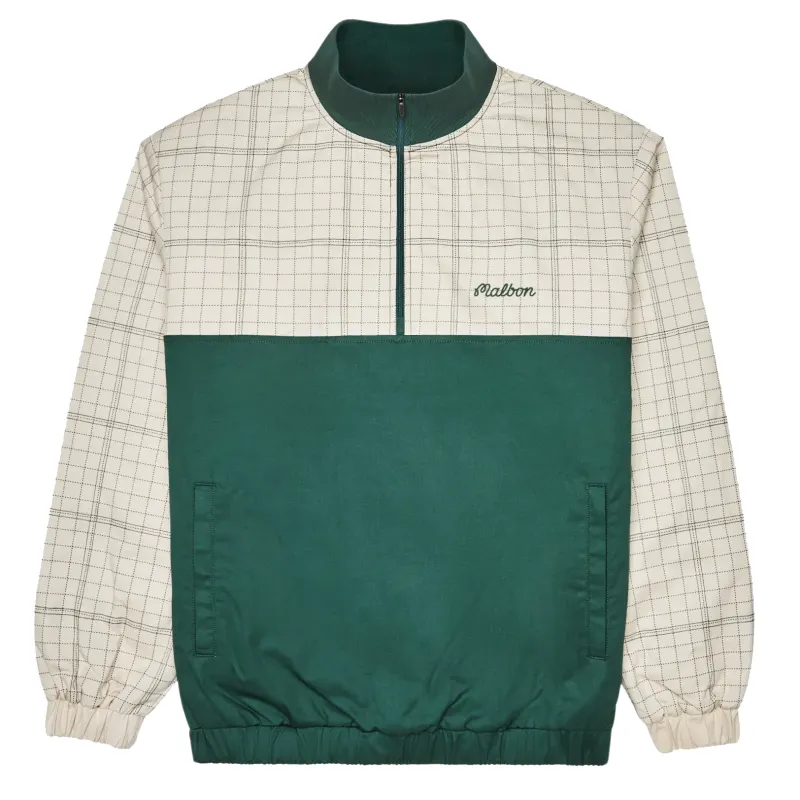 Front flat lay of Malbon Spruce Quarter Zip jacket in hunter green and ivory with plaid pattern and script logo.