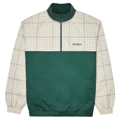 Front flat lay of Malbon Spruce Quarter Zip jacket in hunter green and ivory with plaid pattern and script logo.