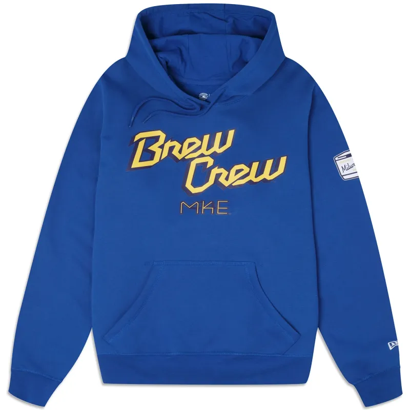 Front view of New Era Milwaukee Brewers Brew Crew City Connect pullover hoodie in blue featuring Brew Crew and MKE graphics.