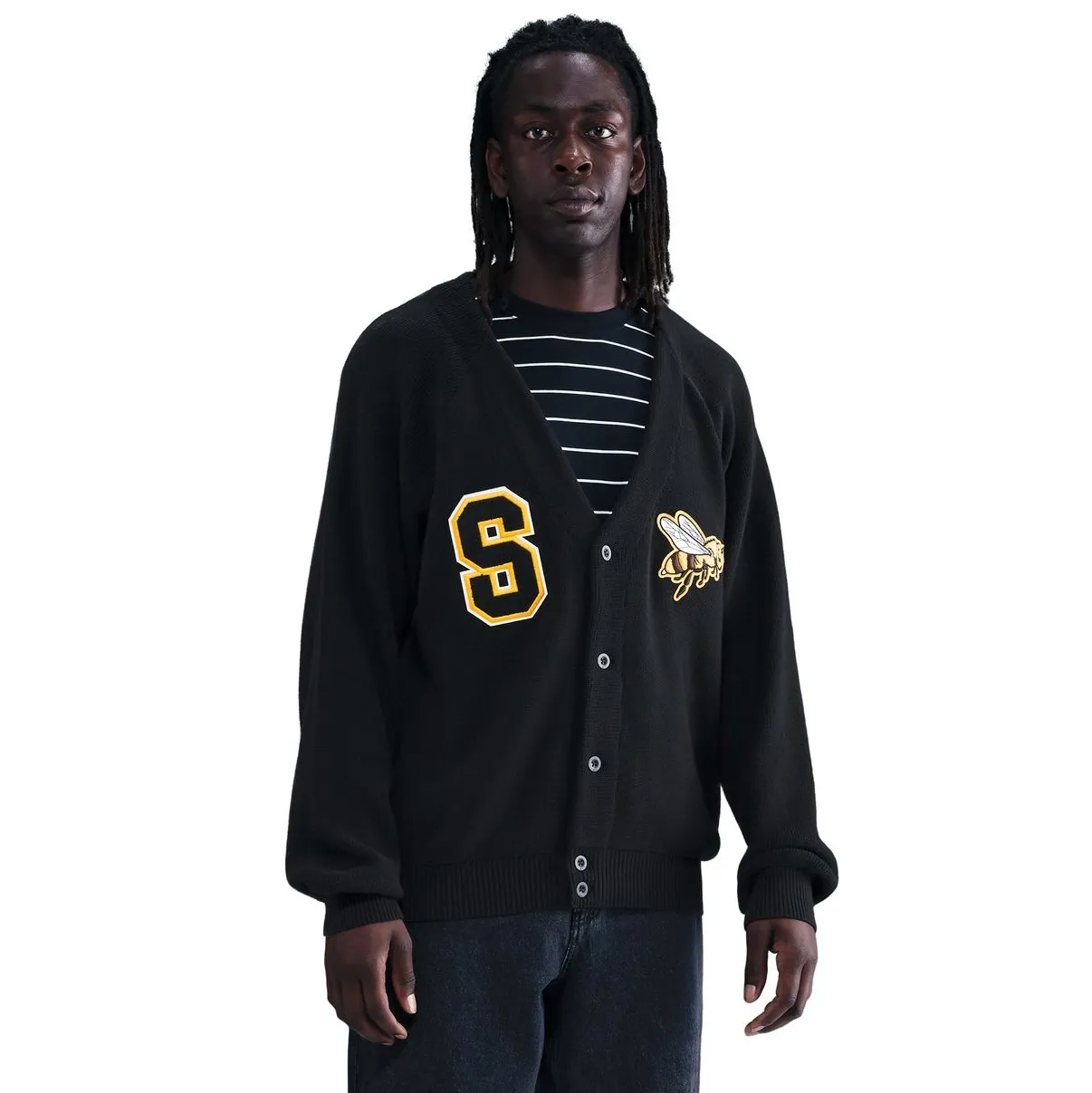 Front view of Nike SB S Bee Cardigan Sweater in black showing chenille S patch and bee embroidery.