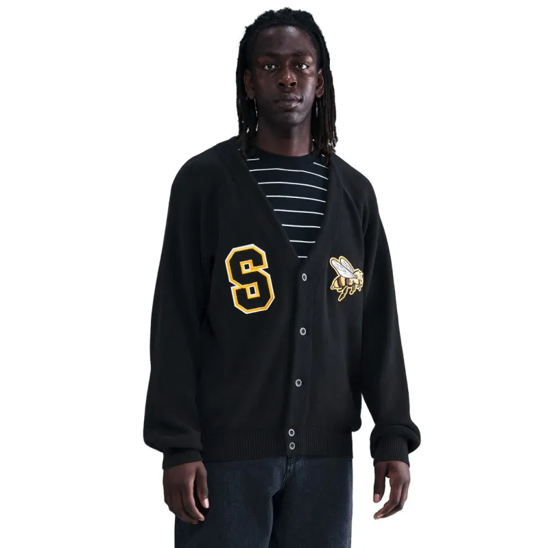 Front view of Nike SB S Bee Cardigan Sweater in black showing chenille S patch and bee embroidery.